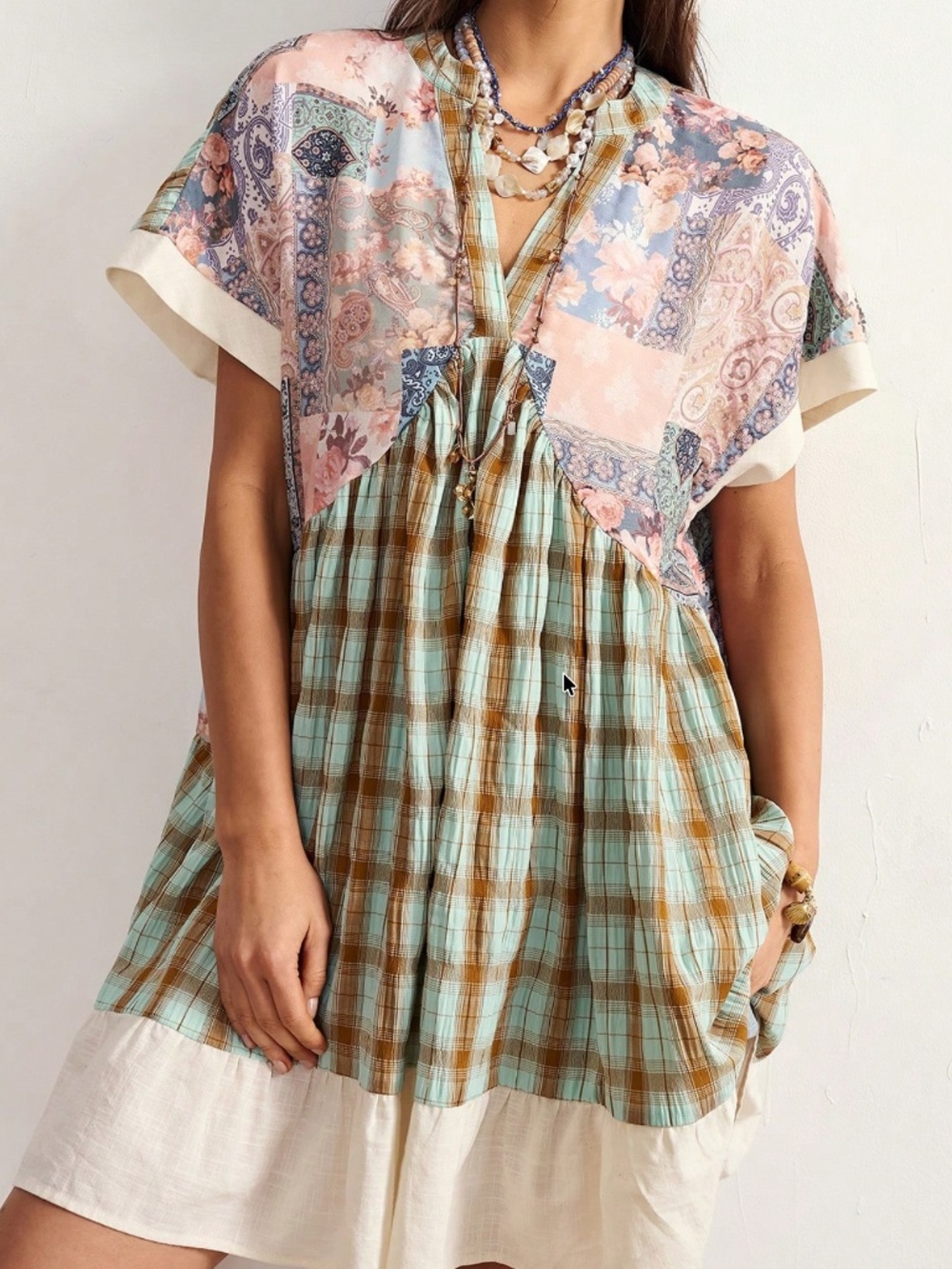 Boho Floral Plaid Print V neck Short Sleeve Dress - Picture 3 of 6